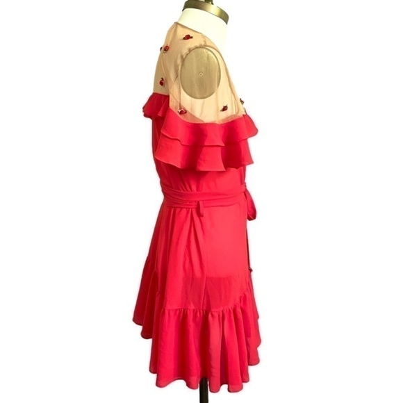 For Love & Lemons Red Mesh Shoulders Rosettes Wrap Mini Dress - XS/S, HTF style - Picture 7 of 14
